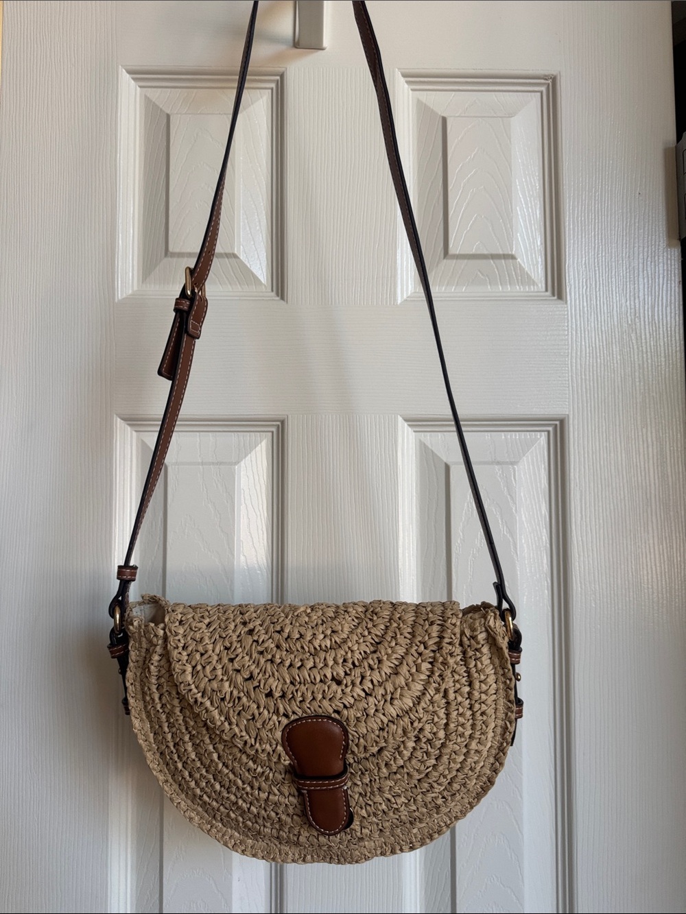 Straw Woven Crossbody Bag with Brown Trim - Neutral NWOT